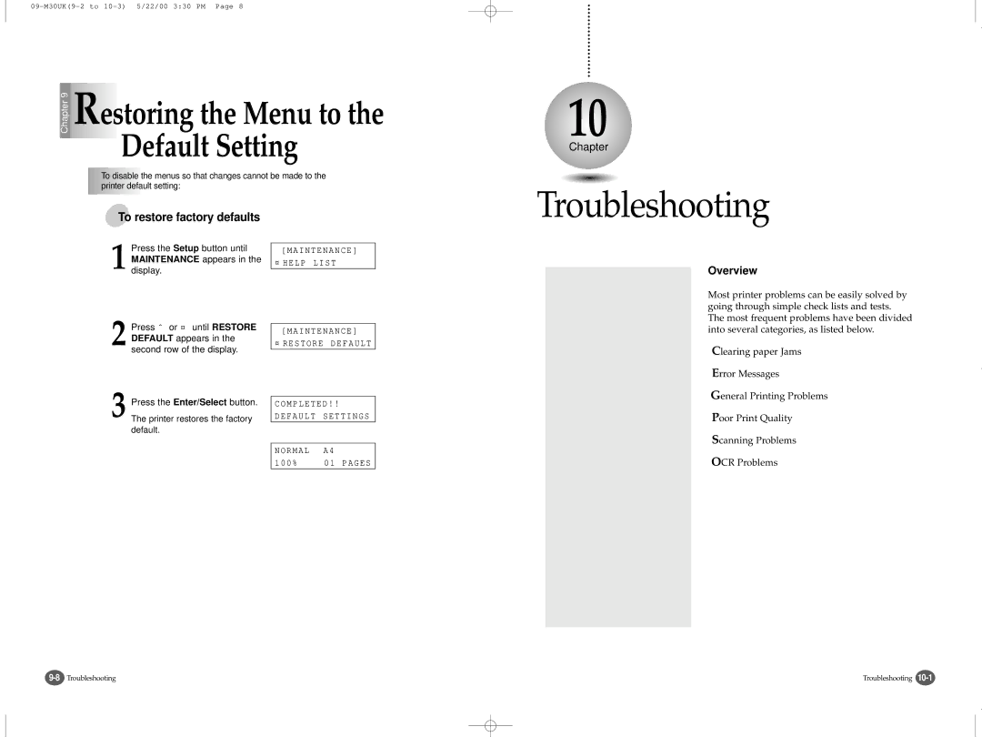 Samsung SCX-1000 Series manual Troubleshooting, To restore factory defaults 