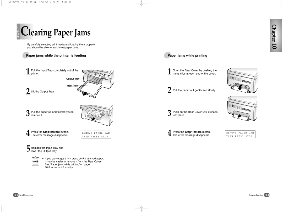 Samsung SCX-1000 Series manual Paper jams while the printer is feeding, Paper jams while printing, Lift the Output Tray 