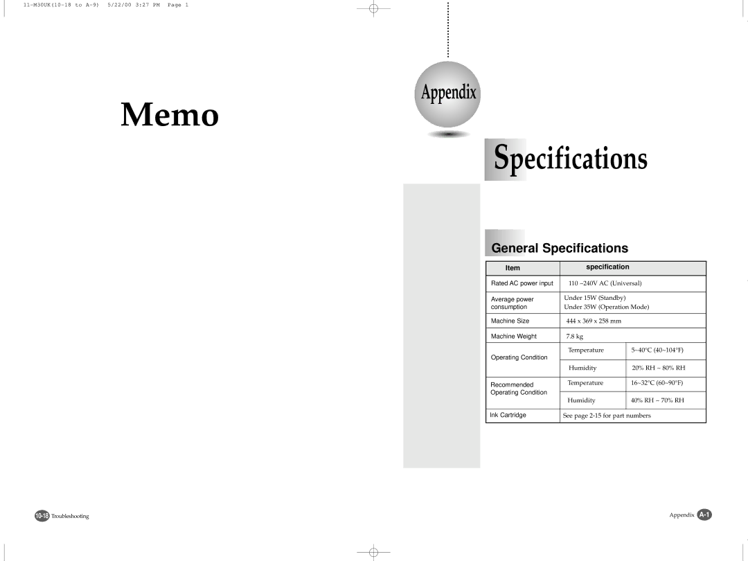 Samsung SCX-1000 Series manual Pecifications, Specification 