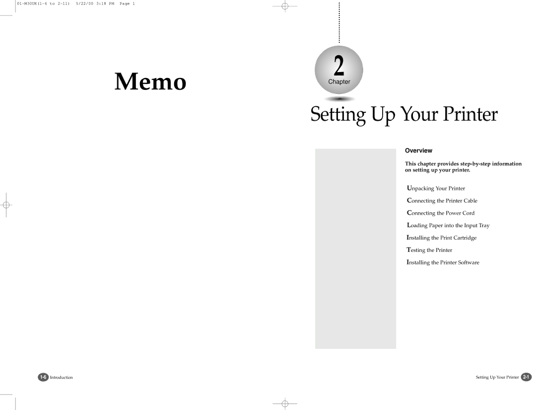 Samsung SCX-1000 Series manual Memo, Setting Up Your Printer 