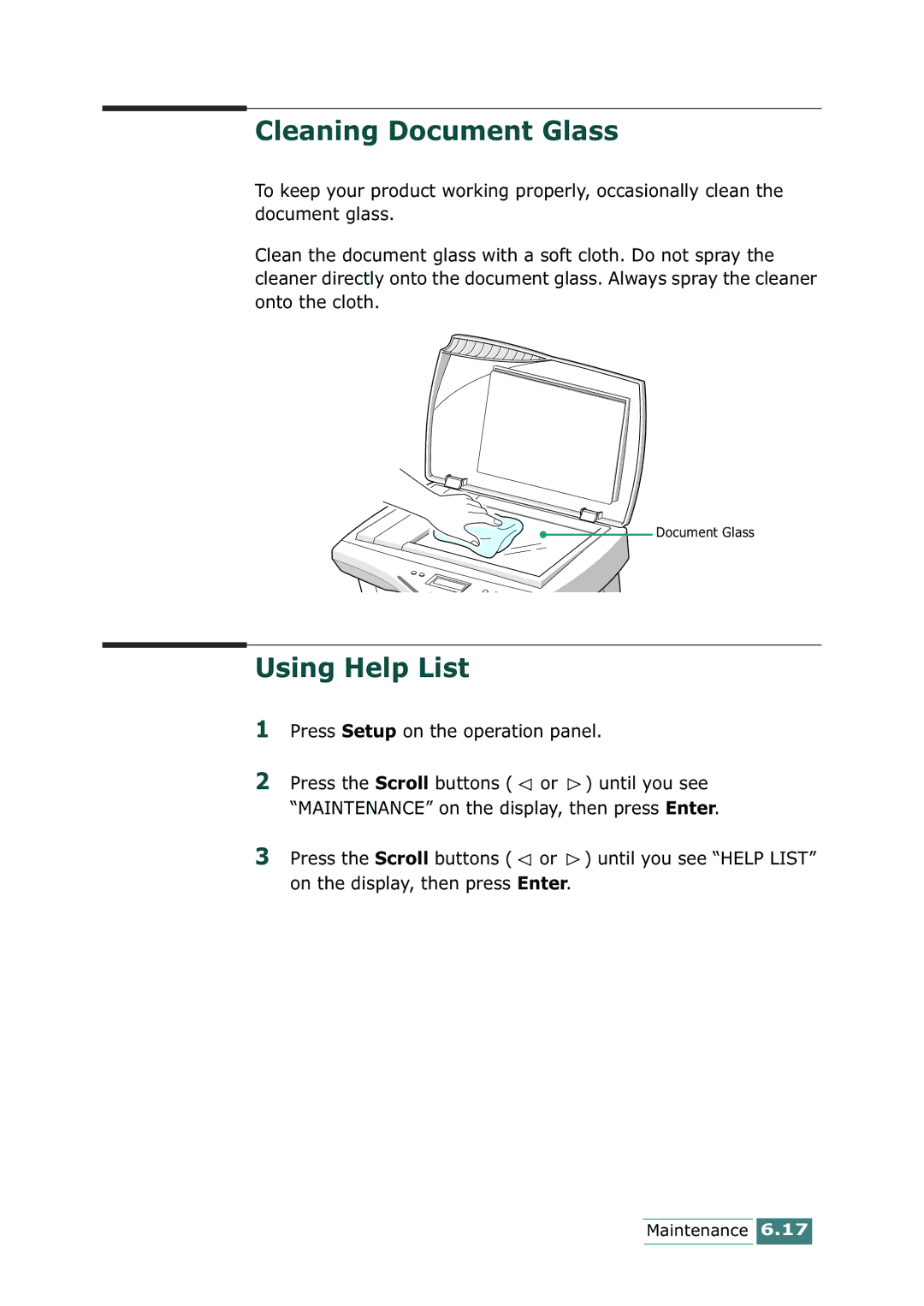 Samsung SCX-1100 manual Cleaning Document Glass, Using Help List 