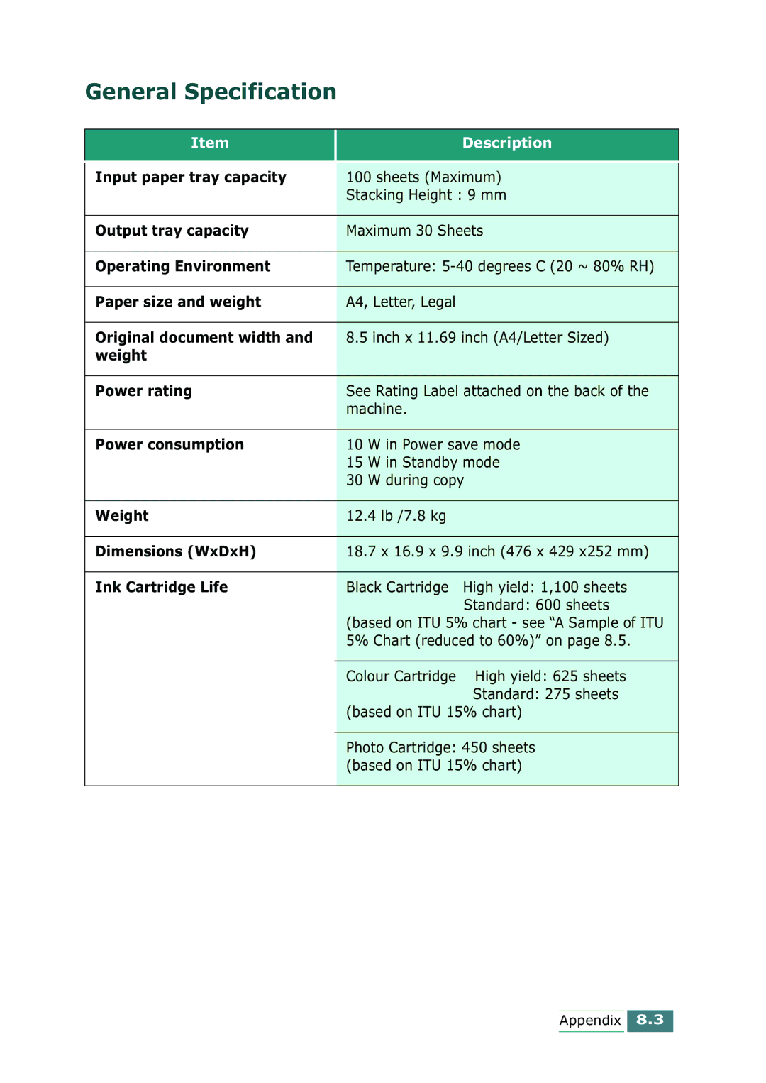 Samsung SCX-1100 manual General Specification 