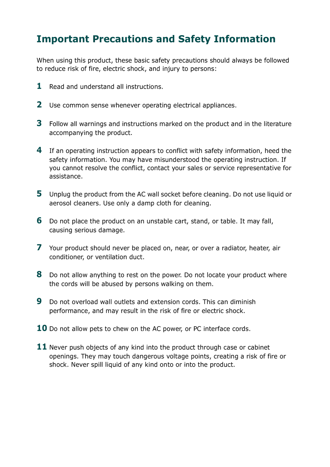 Samsung SCX-1100 manual Important Precautions and Safety Information 