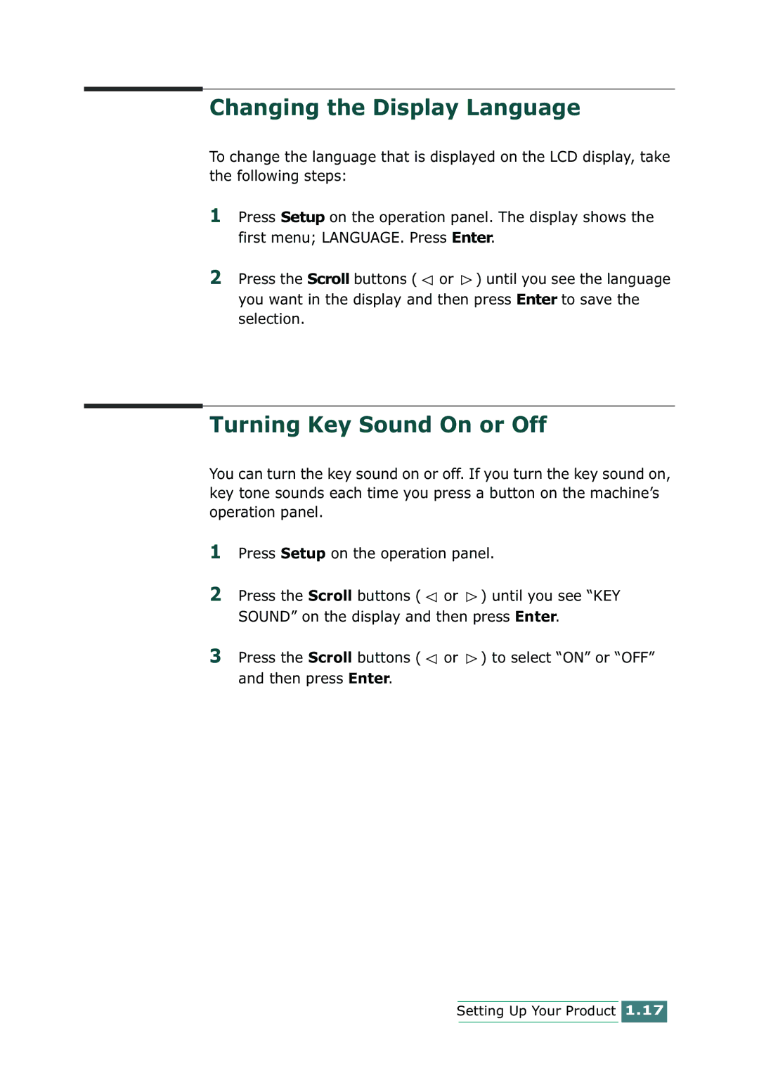 Samsung SCX-1100 manual Changing the Display Language, Turning Key Sound On or Off 