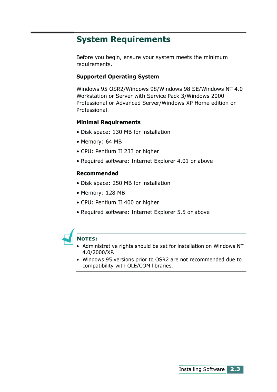 Samsung SCX-1100 manual System Requirements, Supported Operating System, Minimal Requirements, Recommended 