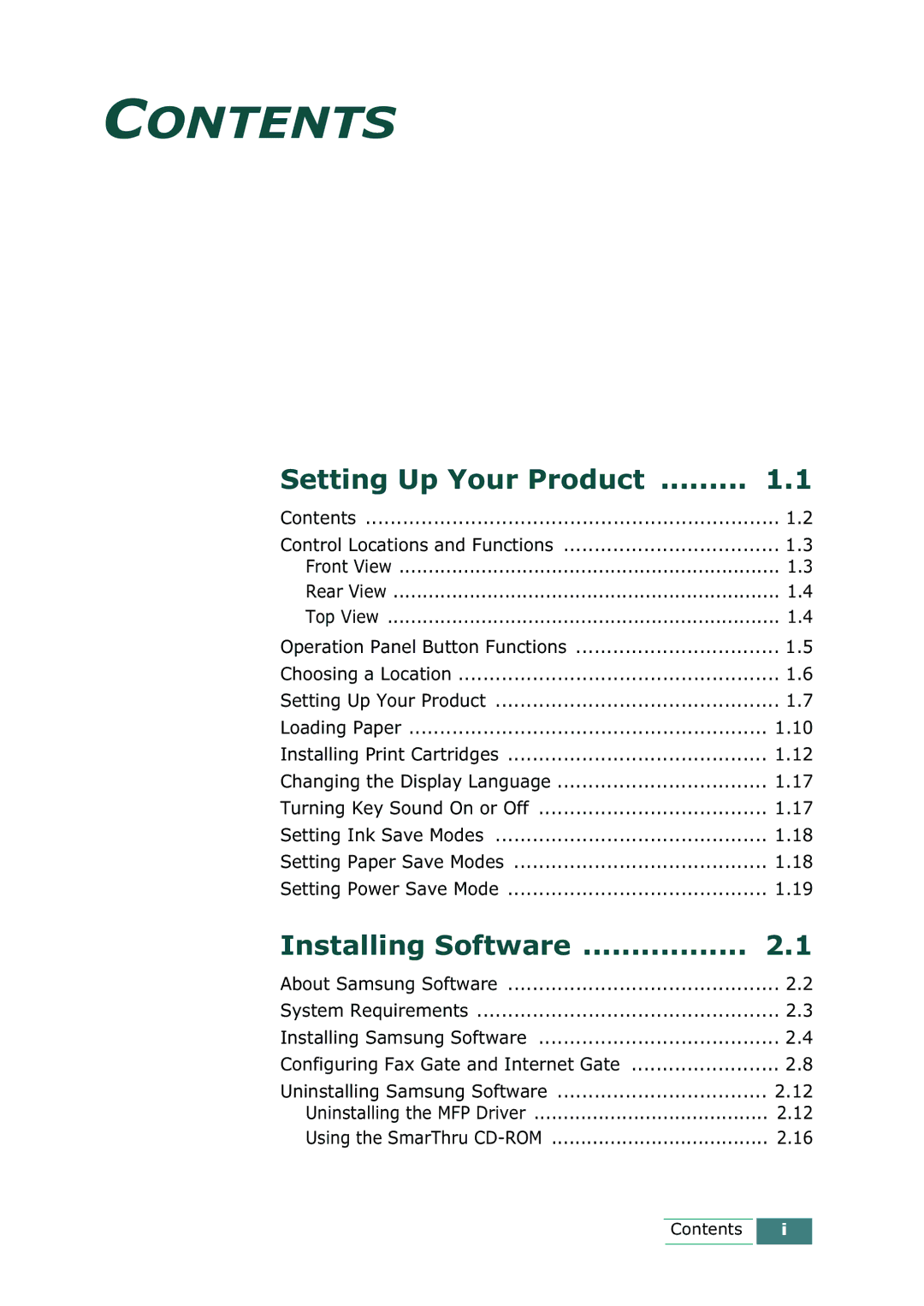 Samsung SCX-1100 manual Contents 