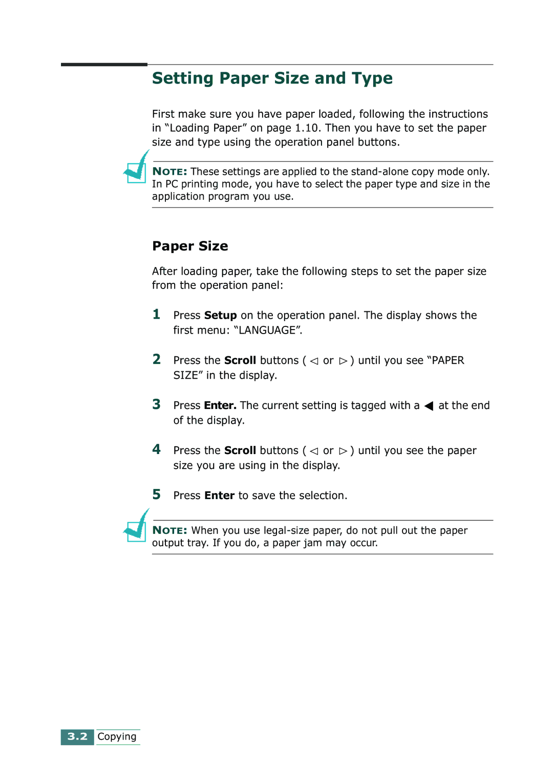 Samsung SCX-1100 manual Setting Paper Size and Type 