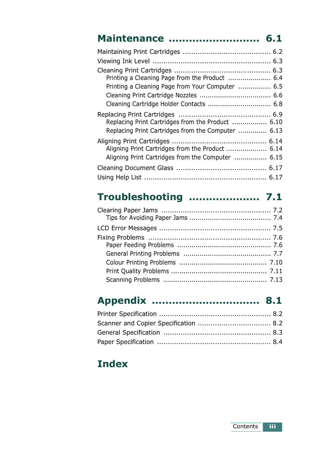 Samsung SCX-1100 manual Maintenance, Troubleshooting, Appendix, Index 