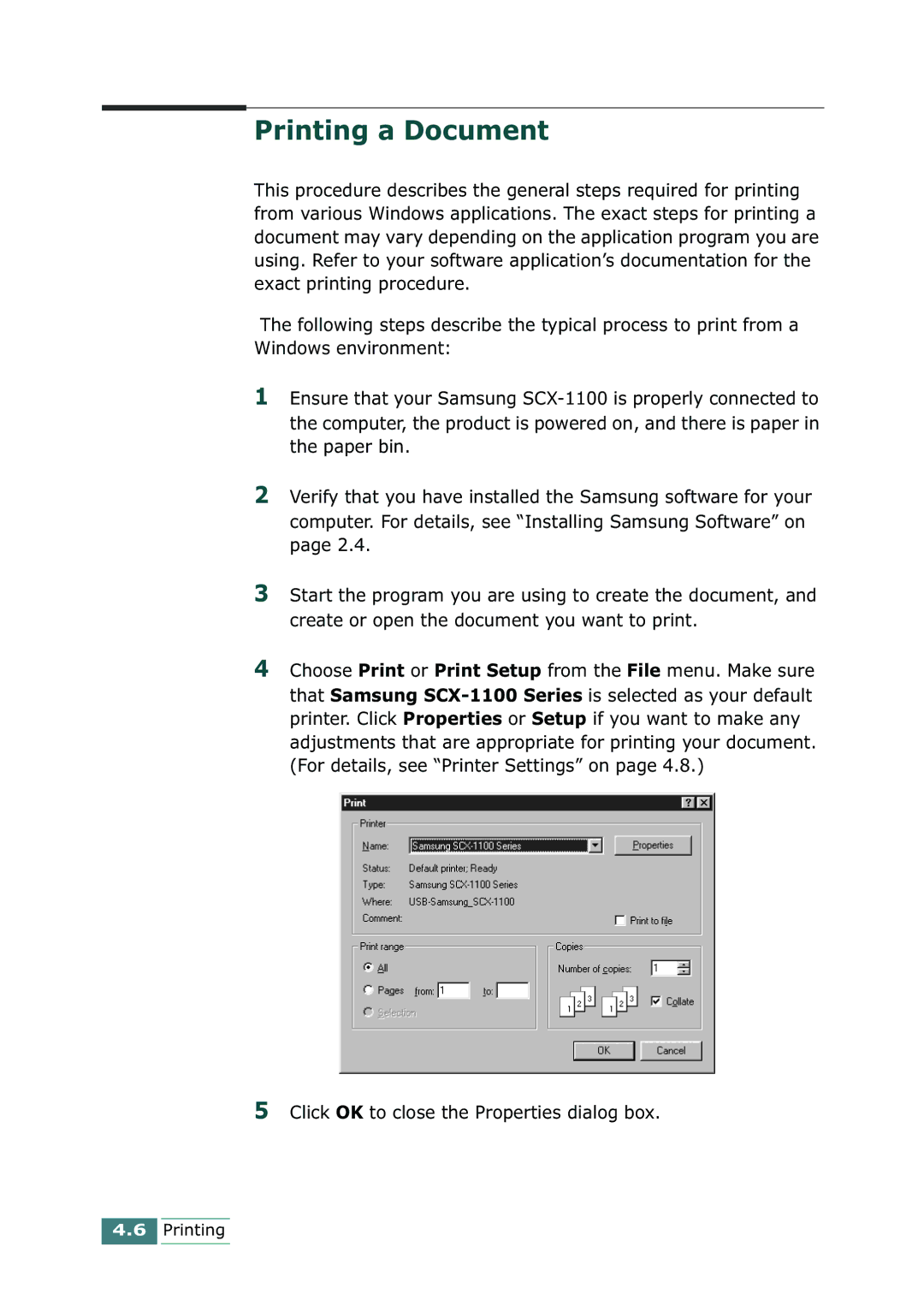 Samsung SCX-1100 manual Printing a Document, Click OK to close the Properties dialog box 