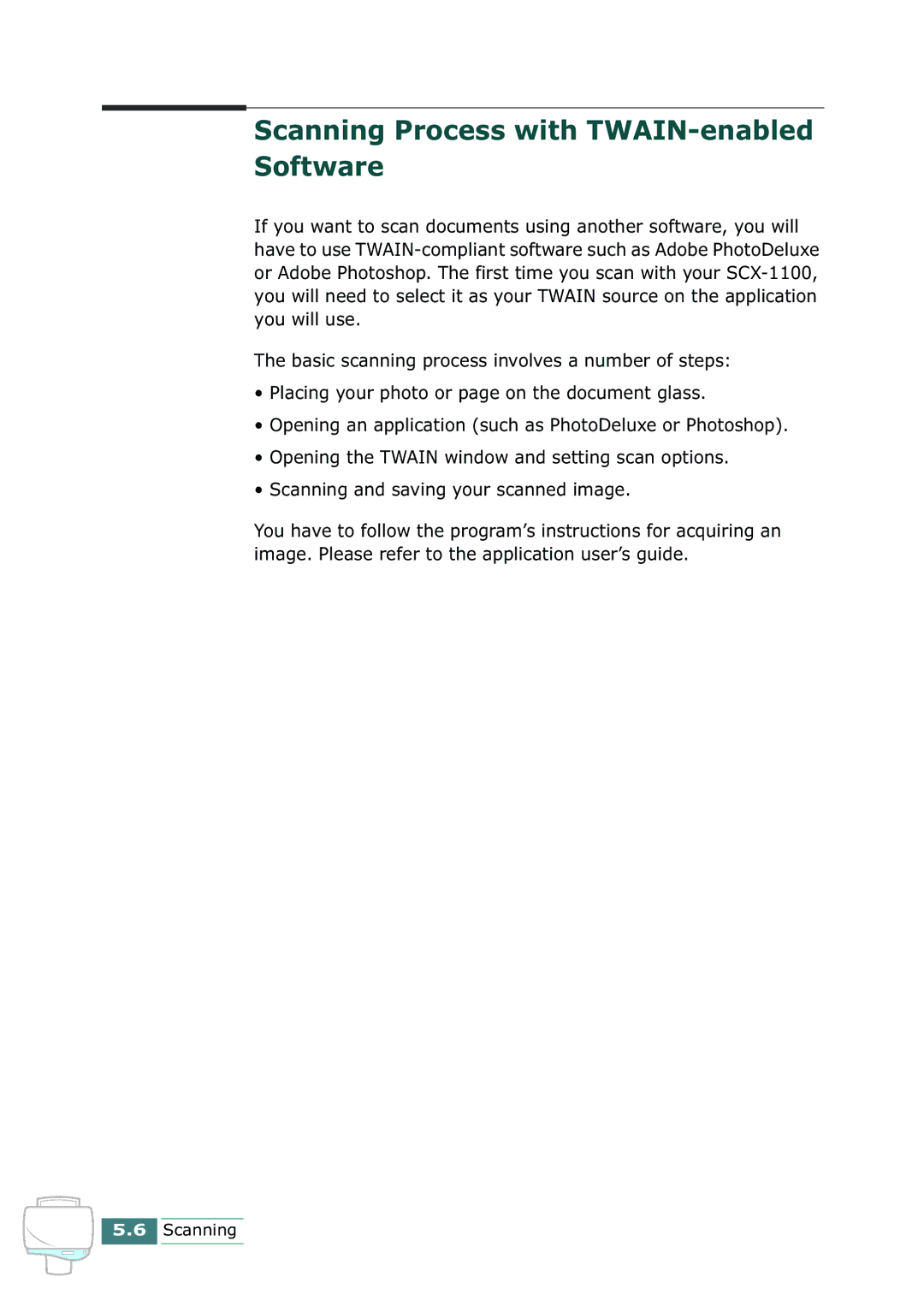 Samsung SCX-1100 manual Scanning Process with TWAIN-enabled Software 