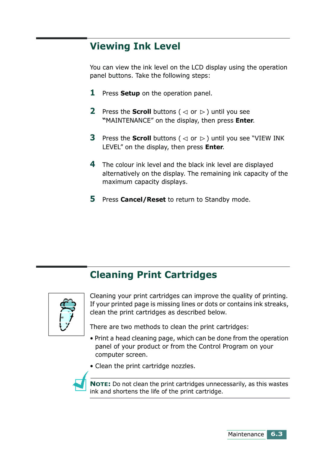 Samsung SCX-1100 manual Viewing Ink Level, Cleaning Print Cartridges 