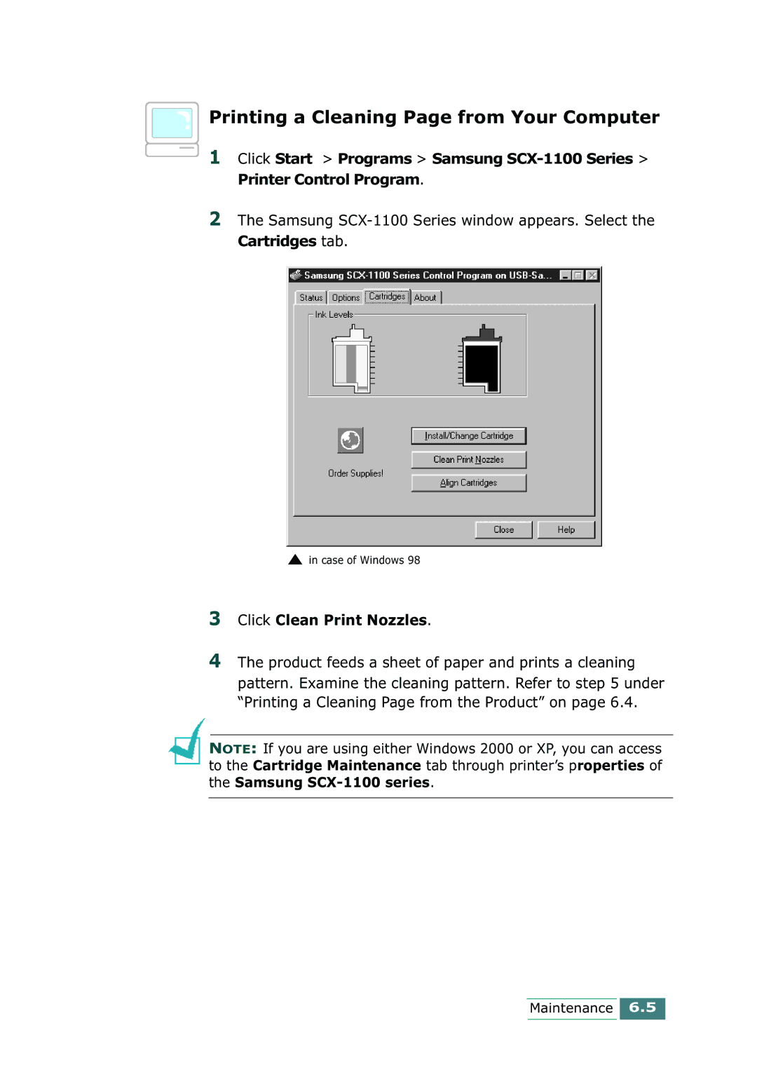 Samsung SCX-1100 manual Printing a Cleaning Page from Your Computer, Click Clean Print Nozzles 