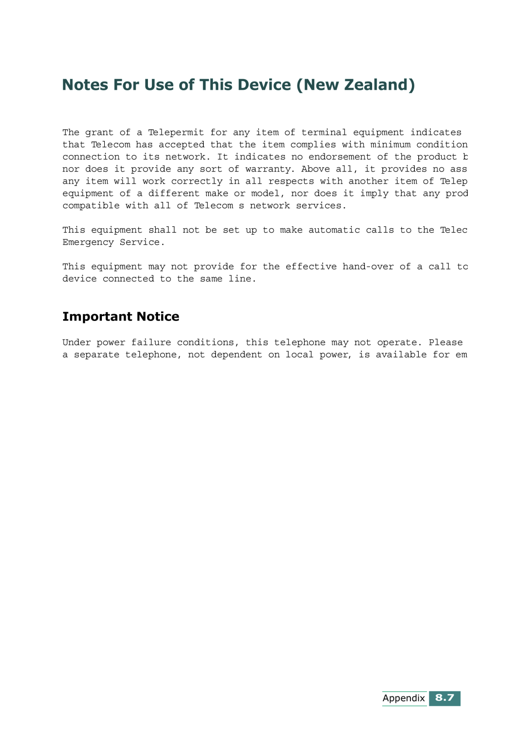 Samsung SCX-1100 manual Notes For Use of This Device New Zealand, Important Notice 