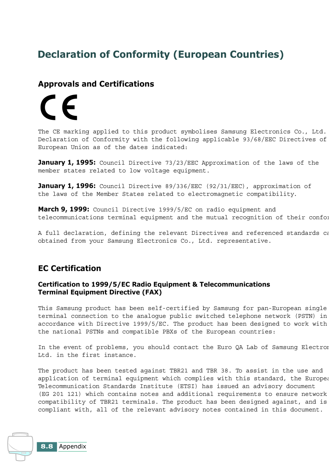 Samsung SCX-1100 manual Declaration of Conformity European Countries, Approvals and Certifications, EC Certification 