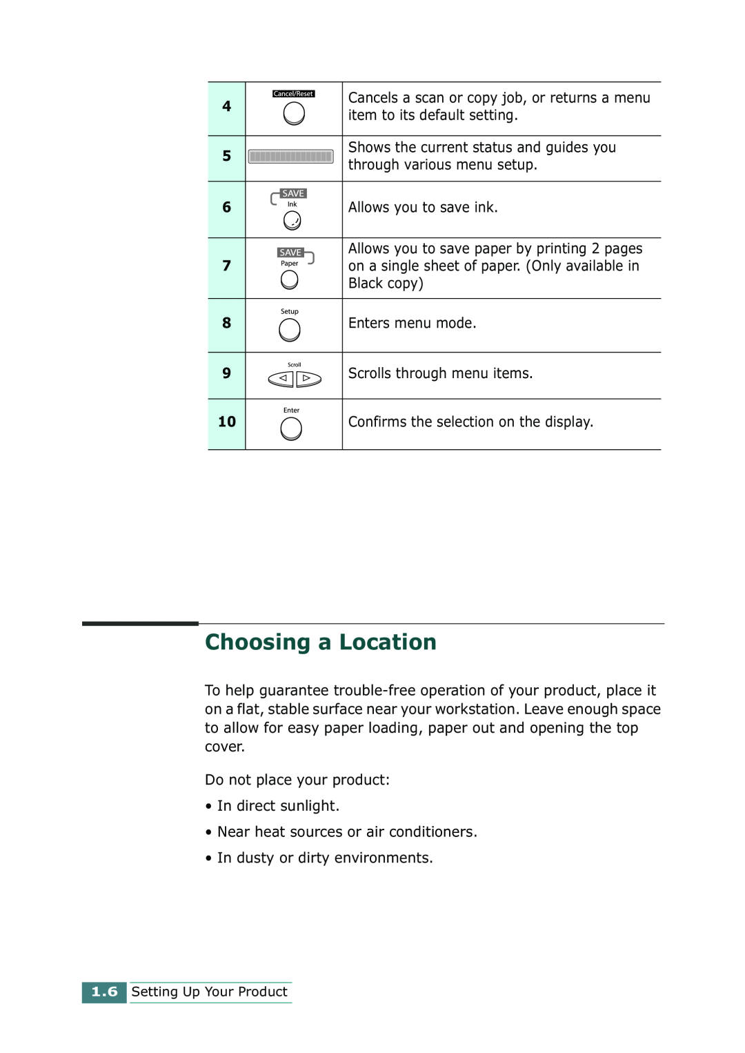 Samsung SCX-1100 manual Choosing a Location 
