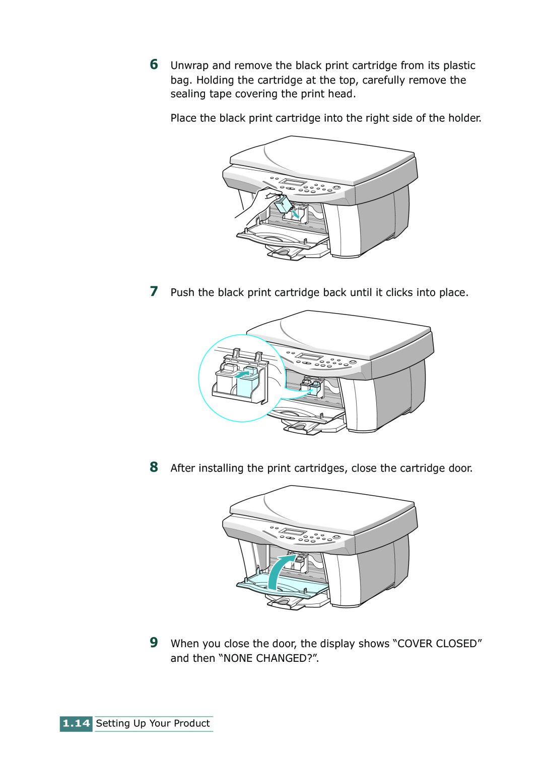 Samsung SCX-1100 manual Place the black print cartridge into the right side of the holder 