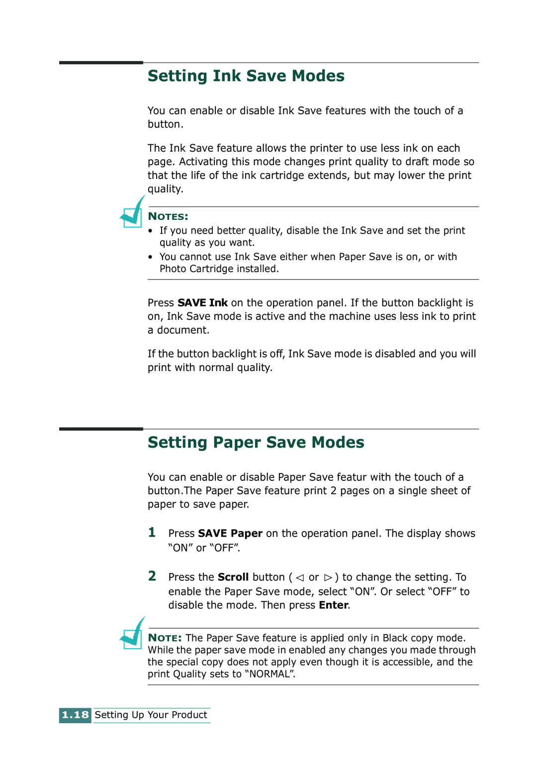 Samsung SCX-1100 manual Setting Ink Save Modes, Setting Paper Save Modes, Setting Up Your Product 