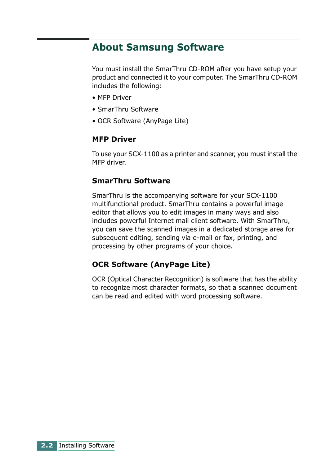 Samsung SCX-1100 manual About Samsung Software, MFP Driver, SmarThru Software, OCR Software AnyPage Lite 