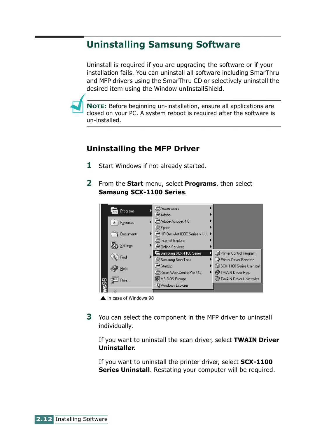 Samsung SCX-1100 manual Uninstalling Samsung Software, Uninstalling the MFP Driver 