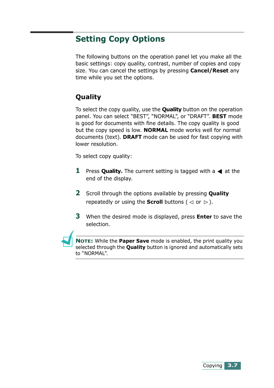 Samsung SCX-1100 manual Setting Copy Options, Quality 