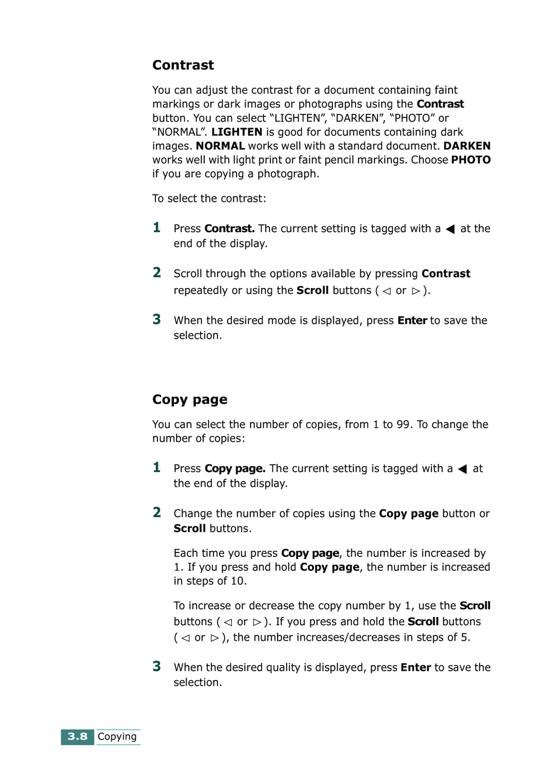 Samsung SCX-1100 manual Contrast, Copy page 
