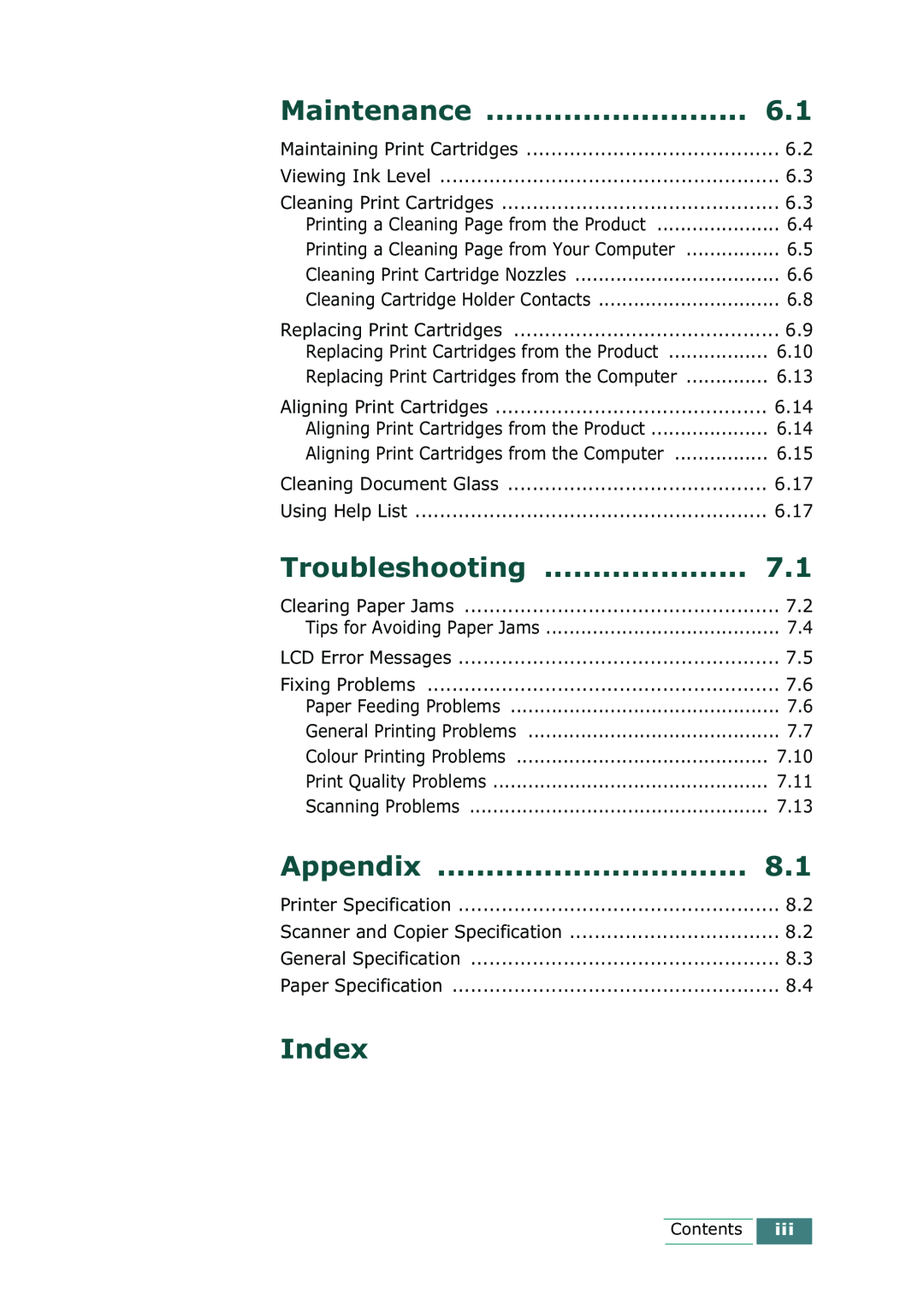 Samsung SCX-1100 manual Maintenance, Troubleshooting, Appendix, Index 