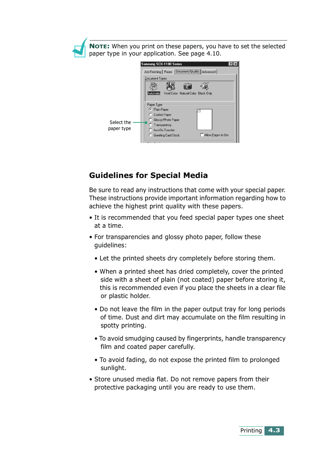 Samsung SCX-1100 manual Guidelines for Special Media 