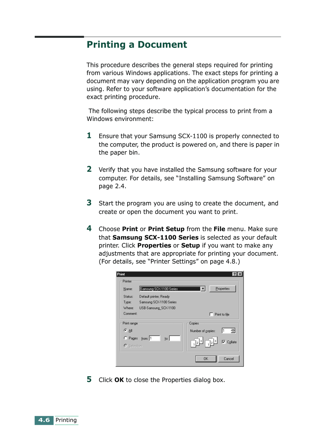 Samsung SCX-1100 manual Printing a Document 