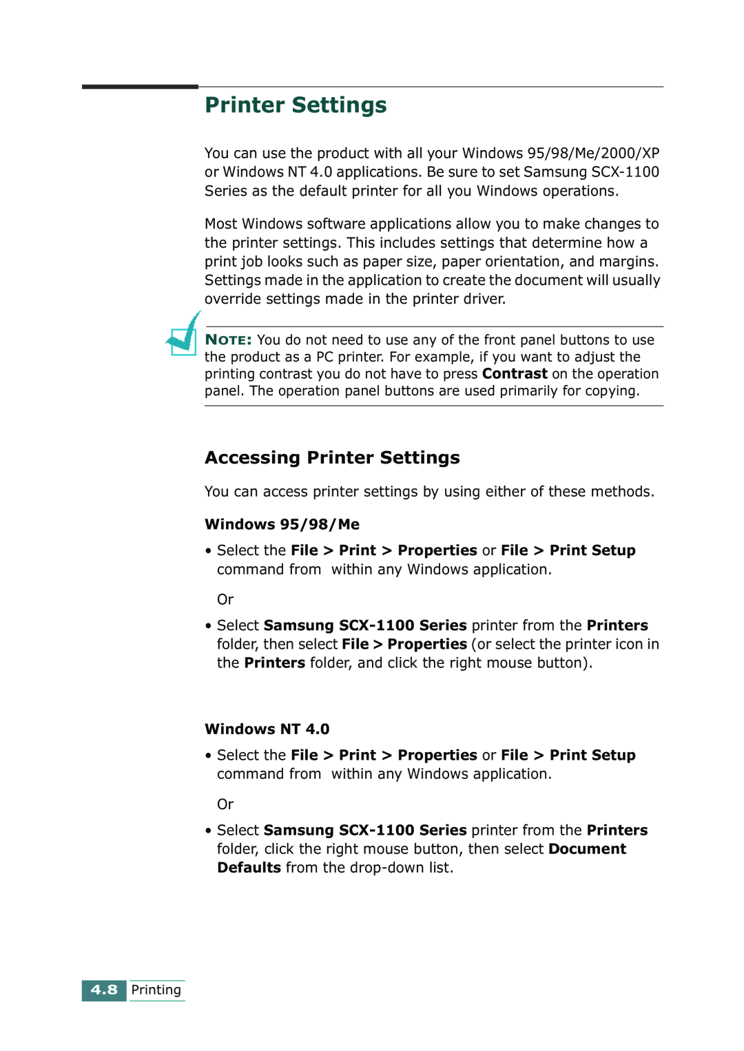 Samsung SCX-1100 manual Accessing Printer Settings, Windows 95/98/Me, Windows NT 