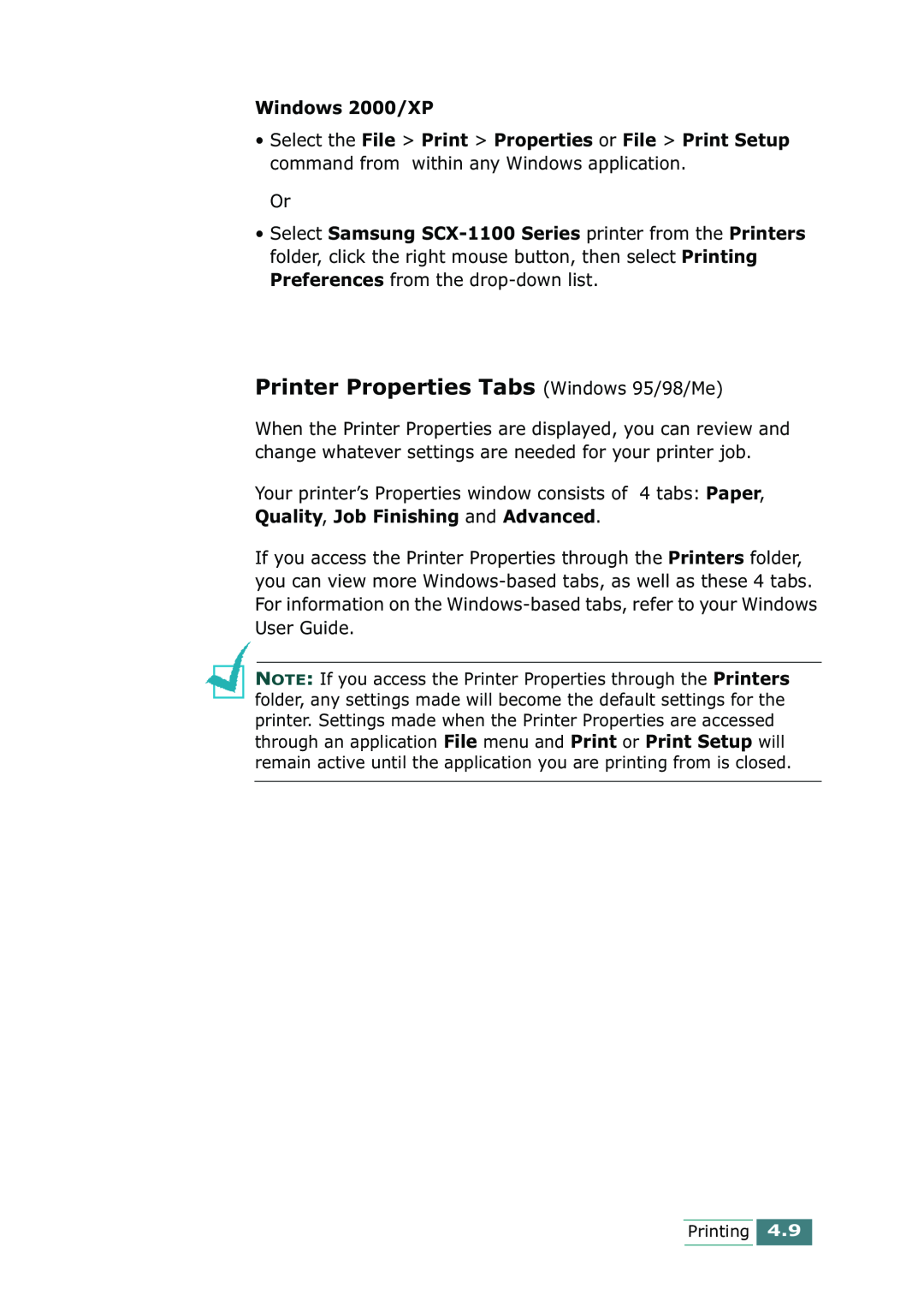 Samsung SCX-1100 manual Printer Properties Tabs Windows 95/98/Me, Windows 2000/XP 