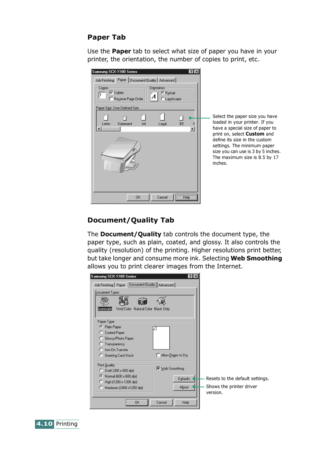 Samsung SCX-1100 manual Paper Tab, Document/Quality Tab 