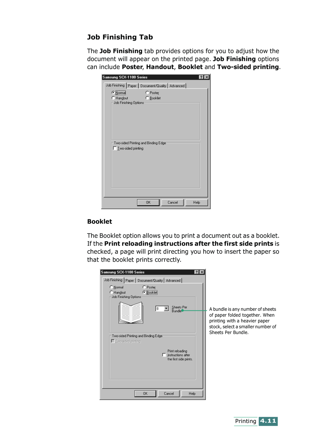 Samsung SCX-1100 manual Job Finishing Tab, Booklet 