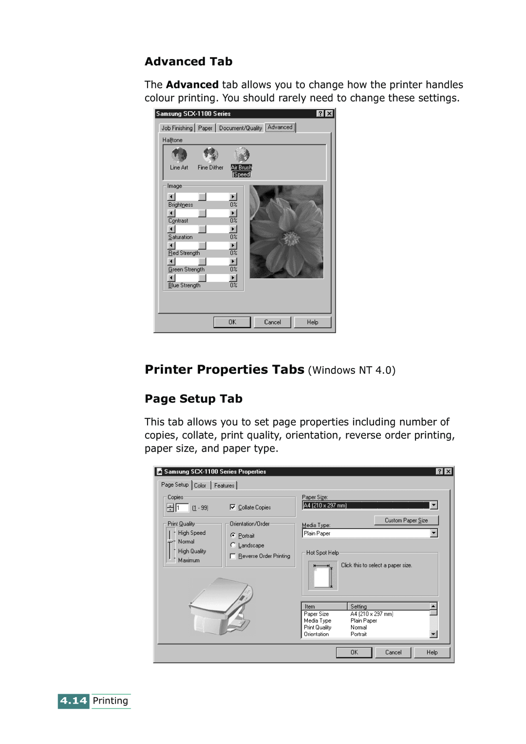 Samsung SCX-1100 manual Printer Properties Tabs Windows NT, Advanced Tab, Page Setup Tab, Printing 