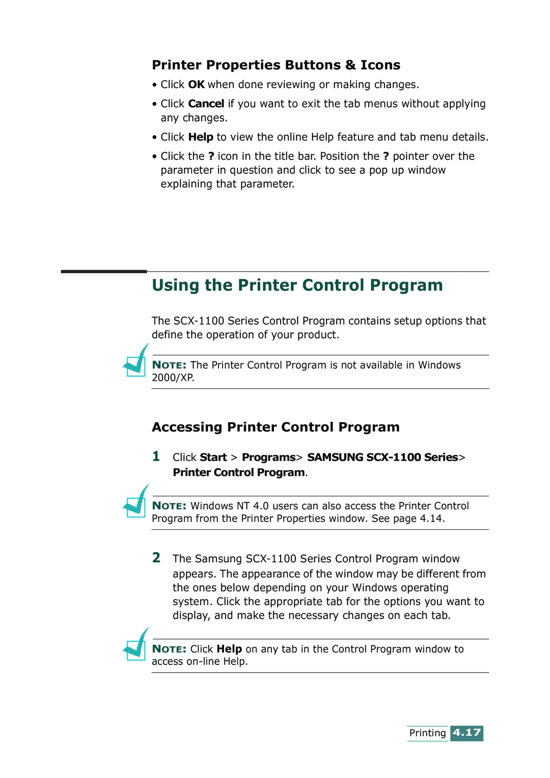 Samsung SCX-1100 Using the Printer Control Program, Printer Properties Buttons & Icons, Accessing Printer Control Program 