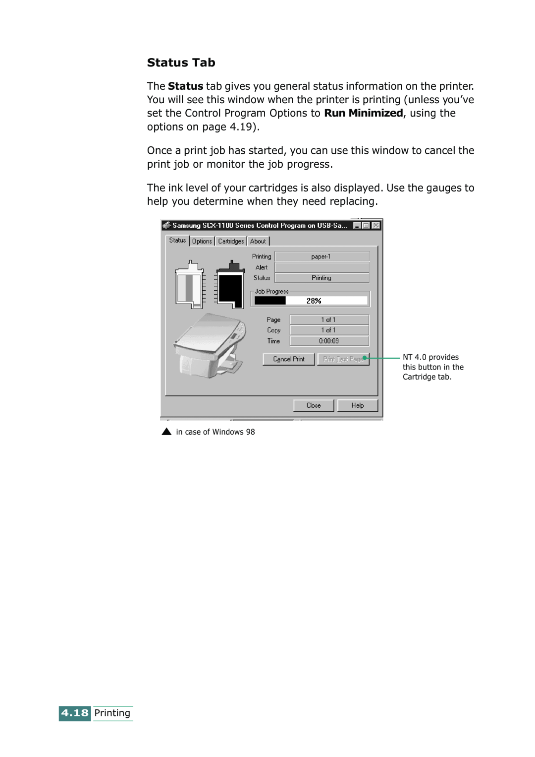 Samsung SCX-1100 manual Status Tab, Printing 