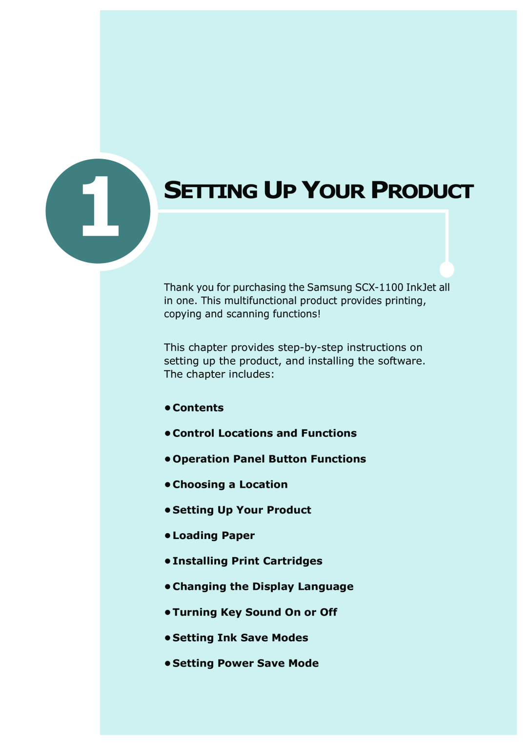 Samsung SCX-1100 manual Setting Up Your Product, Contents Control Locations and Functions 