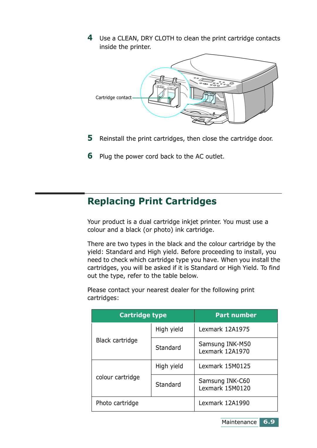 Samsung SCX-1100 manual Replacing Print Cartridges, Cartridge type, Part number, Cartridge contact 