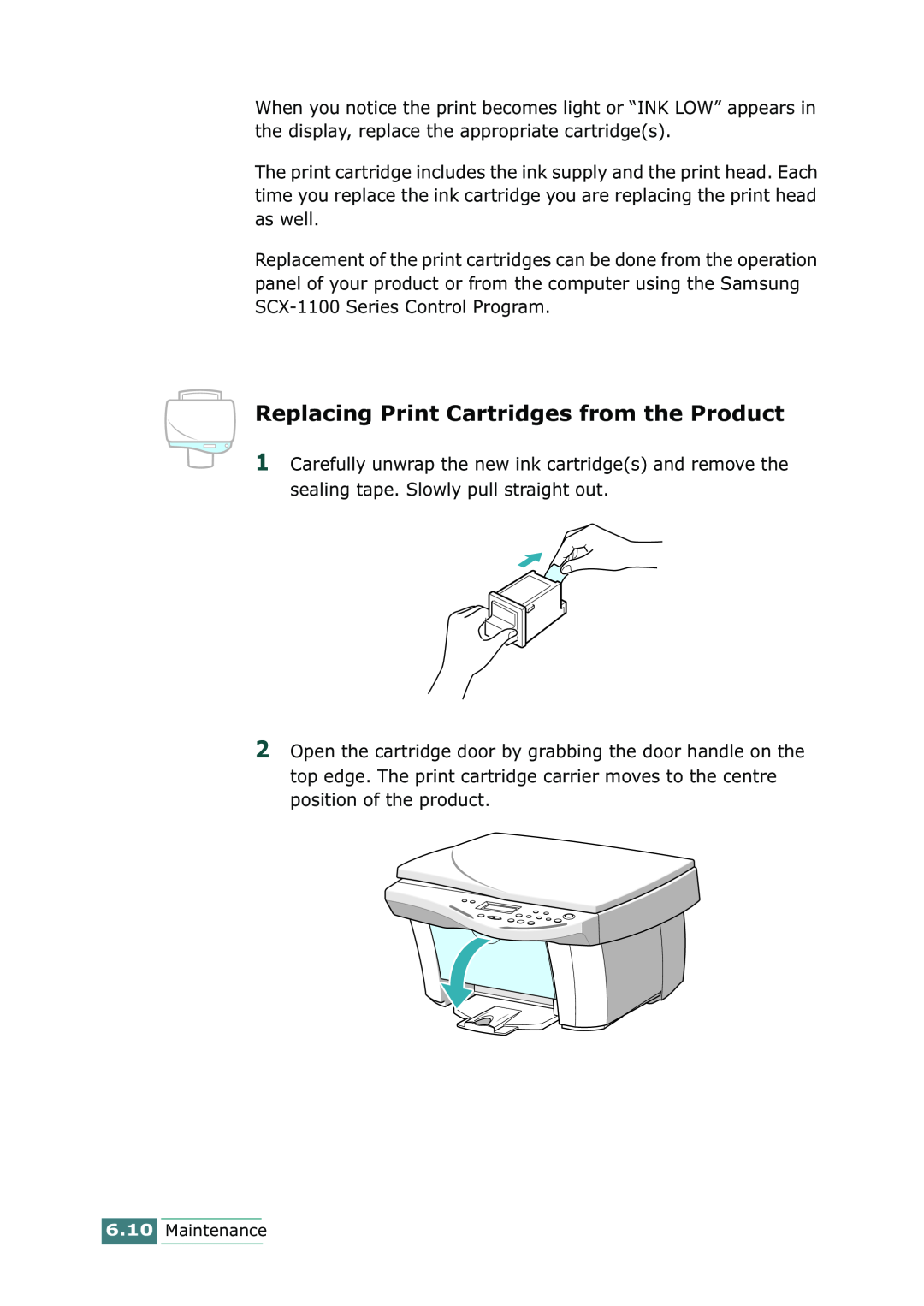 Samsung SCX-1100 manual Replacing Print Cartridges from the Product, Maintenance 