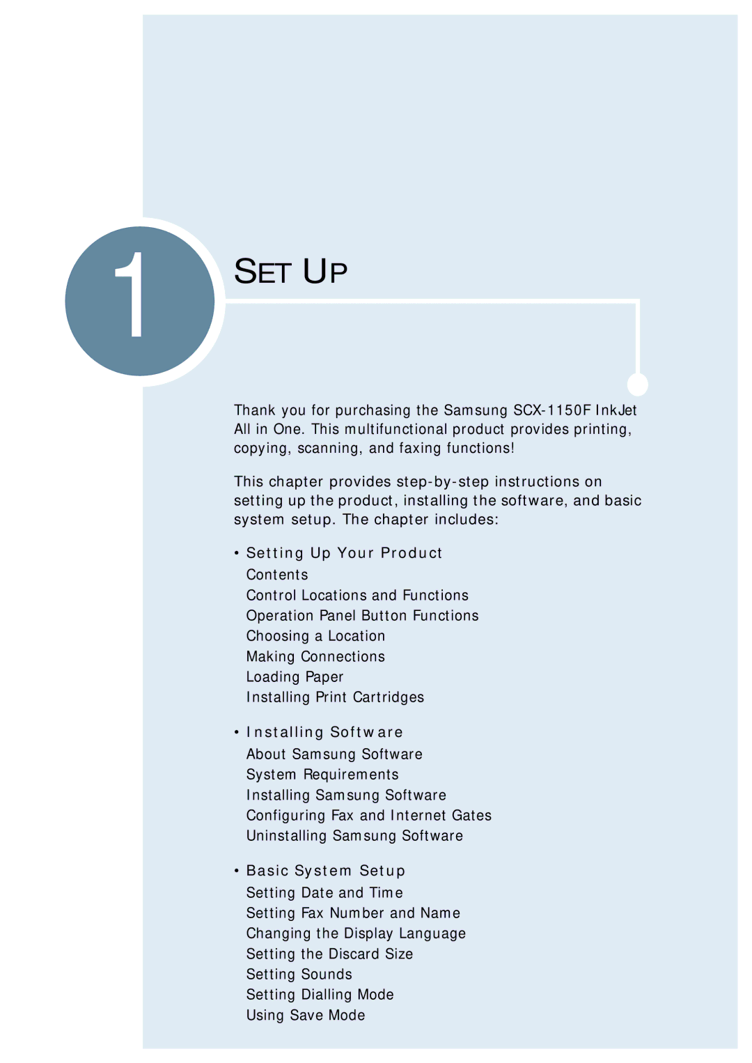 Samsung SCX-1150F manual Setting Up Your Product, Installing Software, Basic System Setup 