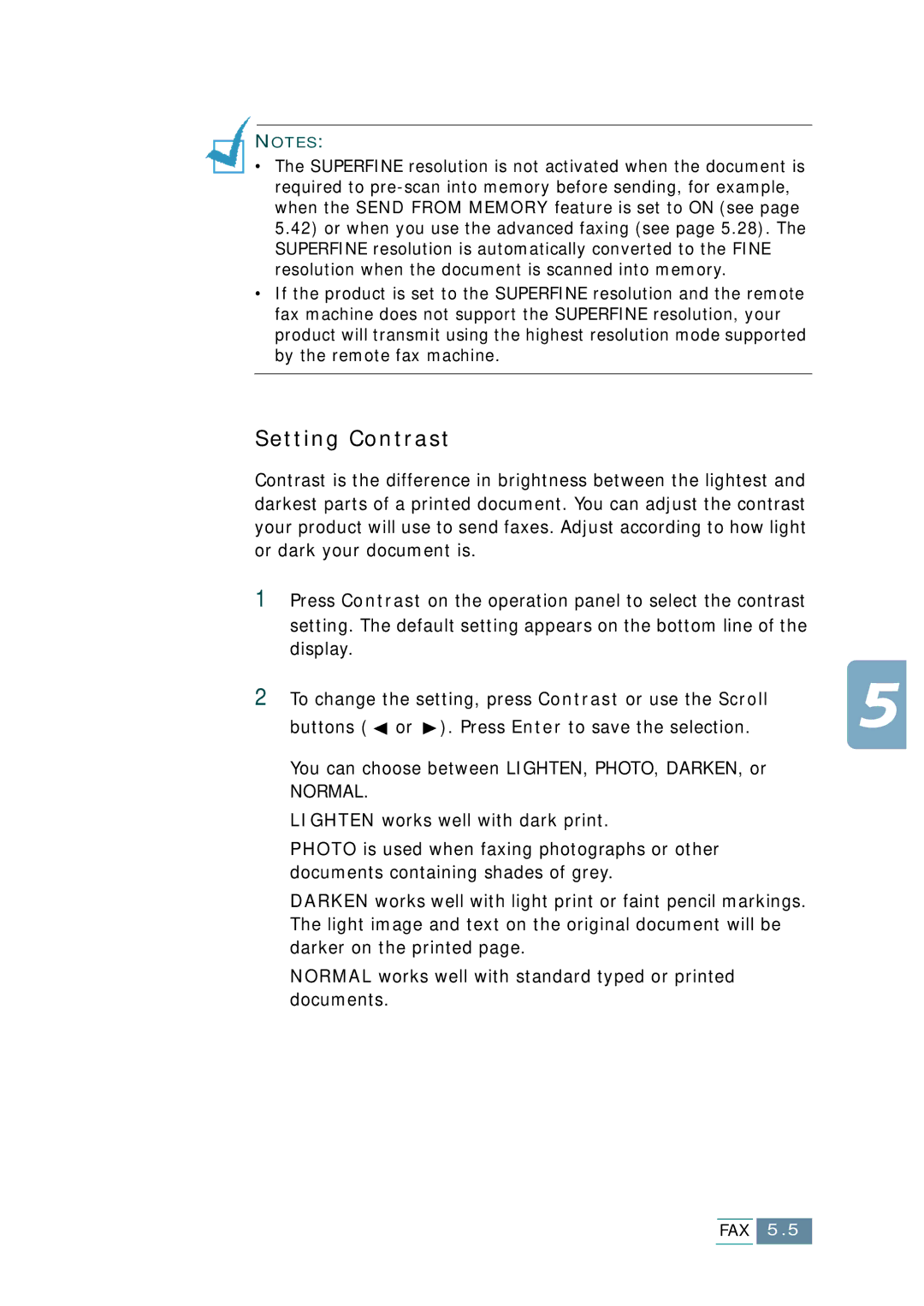 Samsung SCX-1150F manual Setting Contrast, You can choose between LIGHTEN, PHOTO, DARKEN, or 