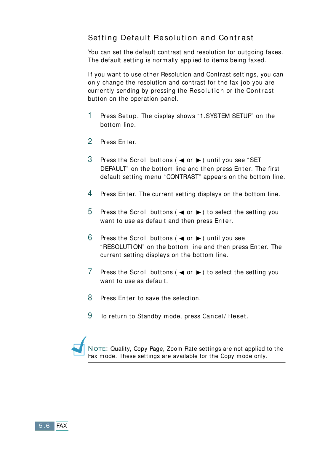 Samsung SCX-1150F manual Setting Default Resolution and Contrast 