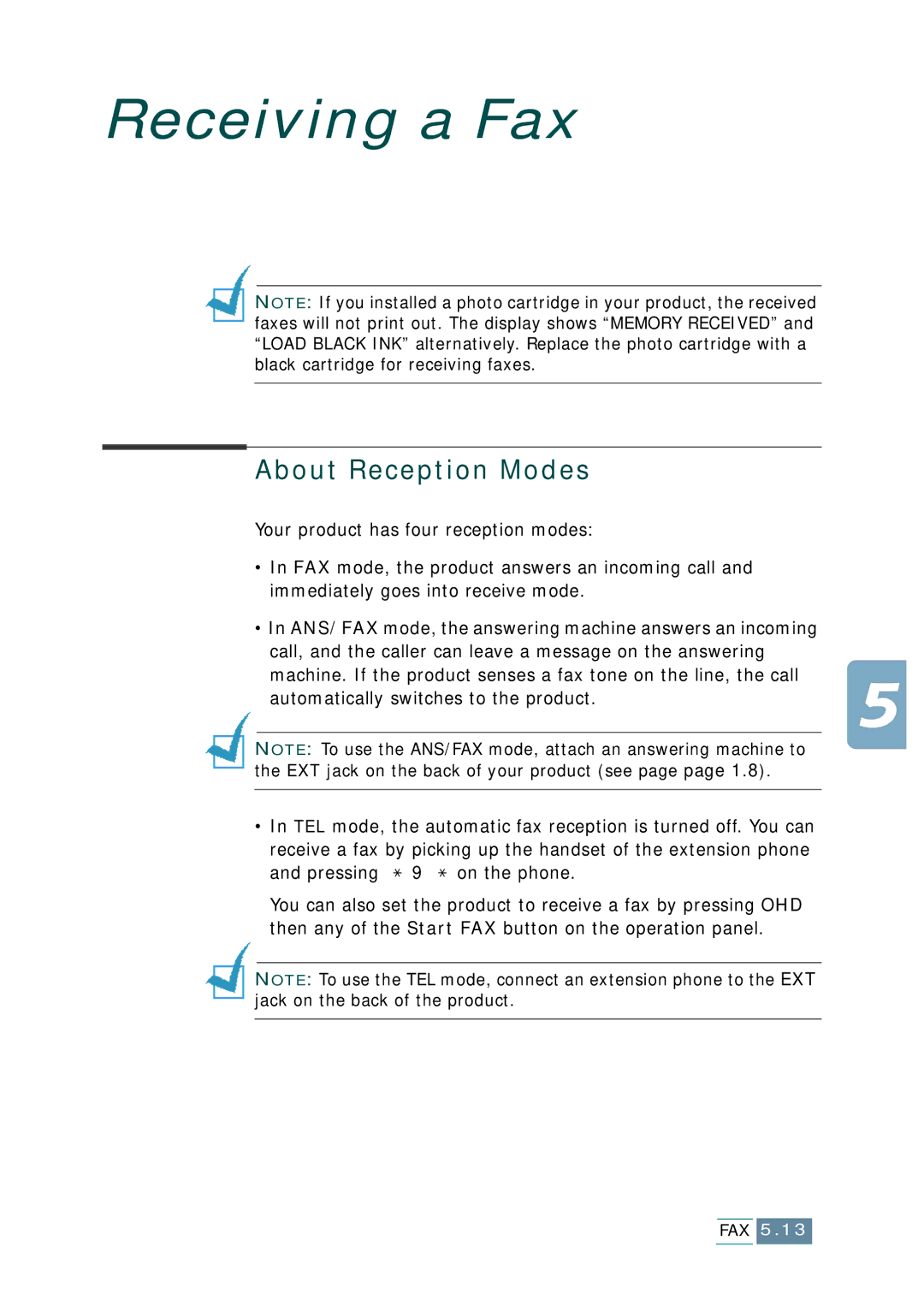 Samsung SCX-1150F manual Receiving a Fax, About Reception Modes 