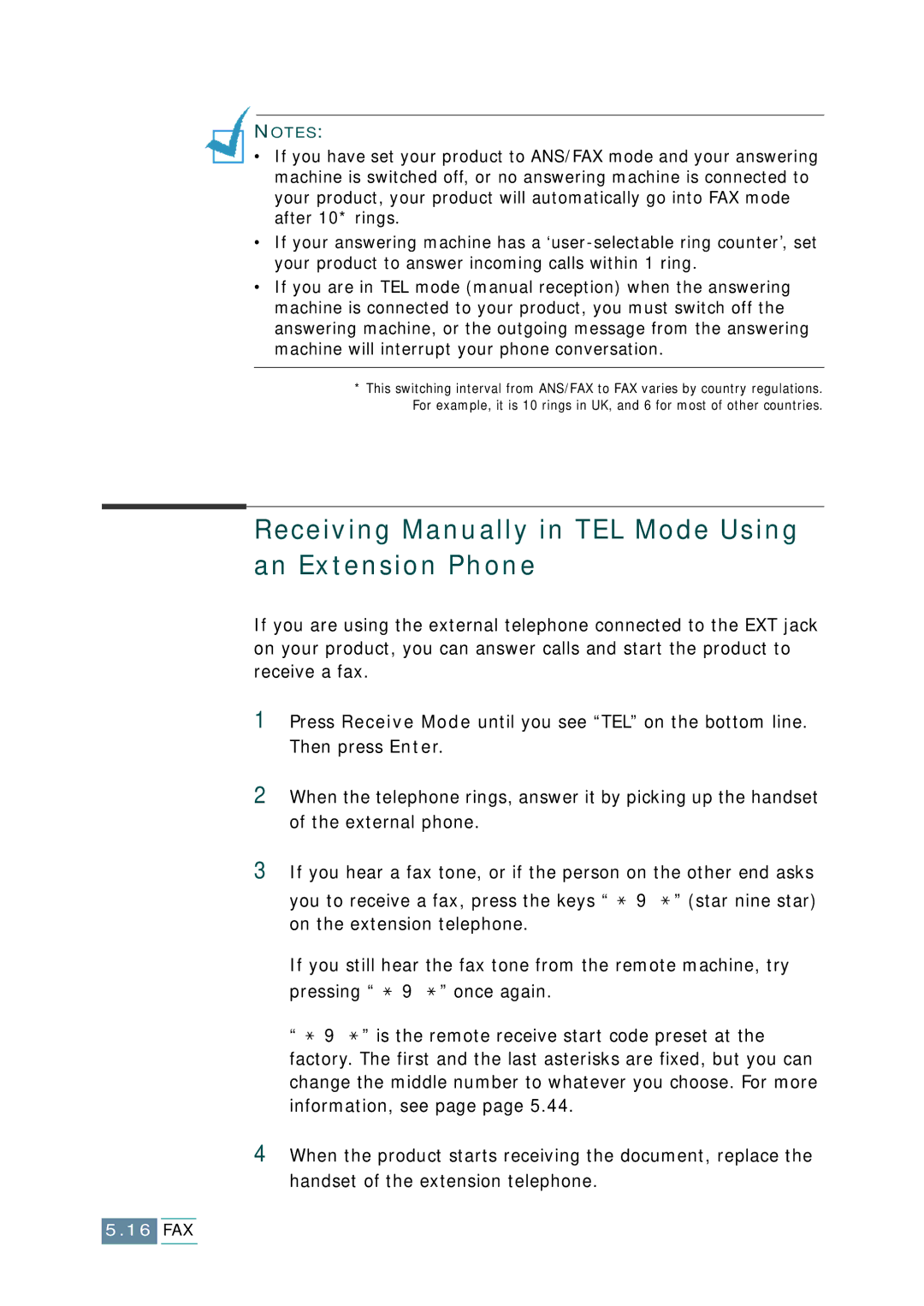 Samsung SCX-1150F manual Receiving Manually in TEL Mode Using an Extension Phone 