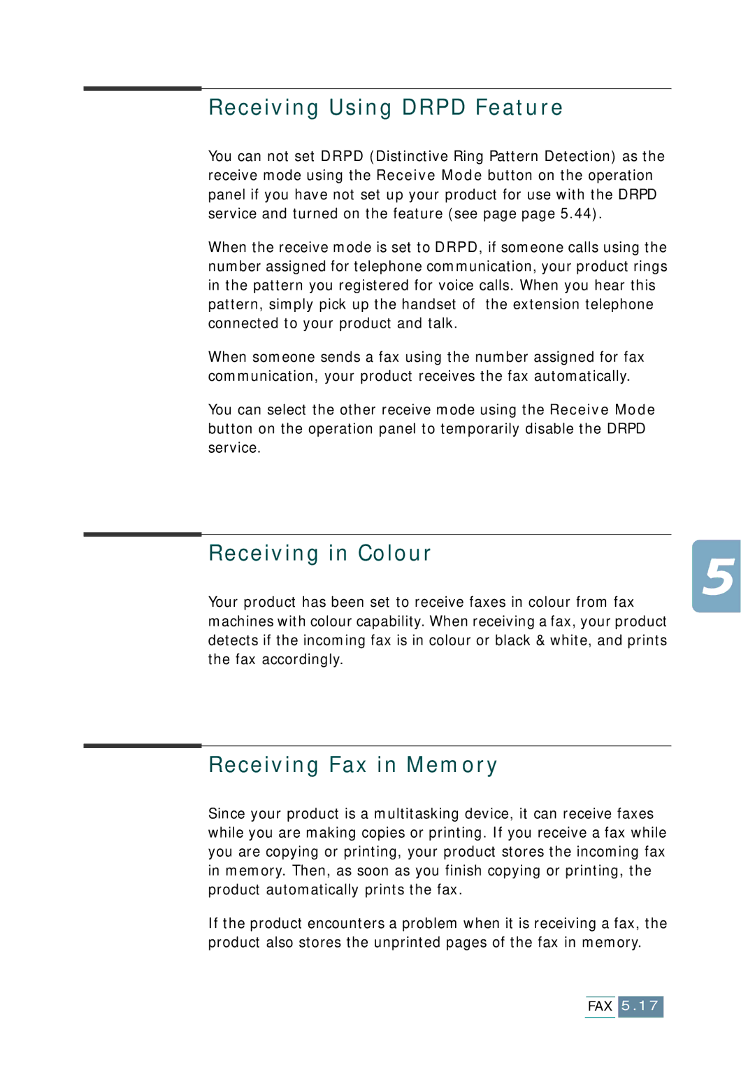 Samsung SCX-1150F manual Receiving Using Drpd Feature, Receiving in Colour, Receiving Fax in Memory 