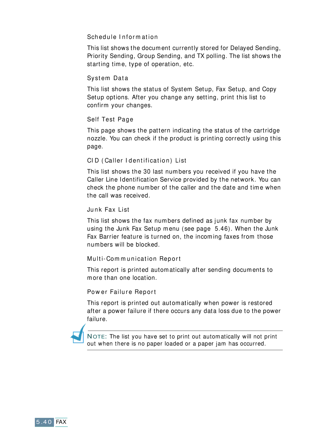 Samsung SCX-1150F manual Schedule Information, System Data, Self Test, CID Caller Identification List, Junk Fax List 