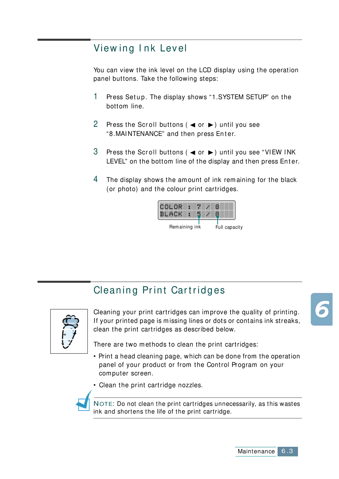 Samsung SCX-1150F manual Viewing Ink Level, Cleaning Print Cartridges 