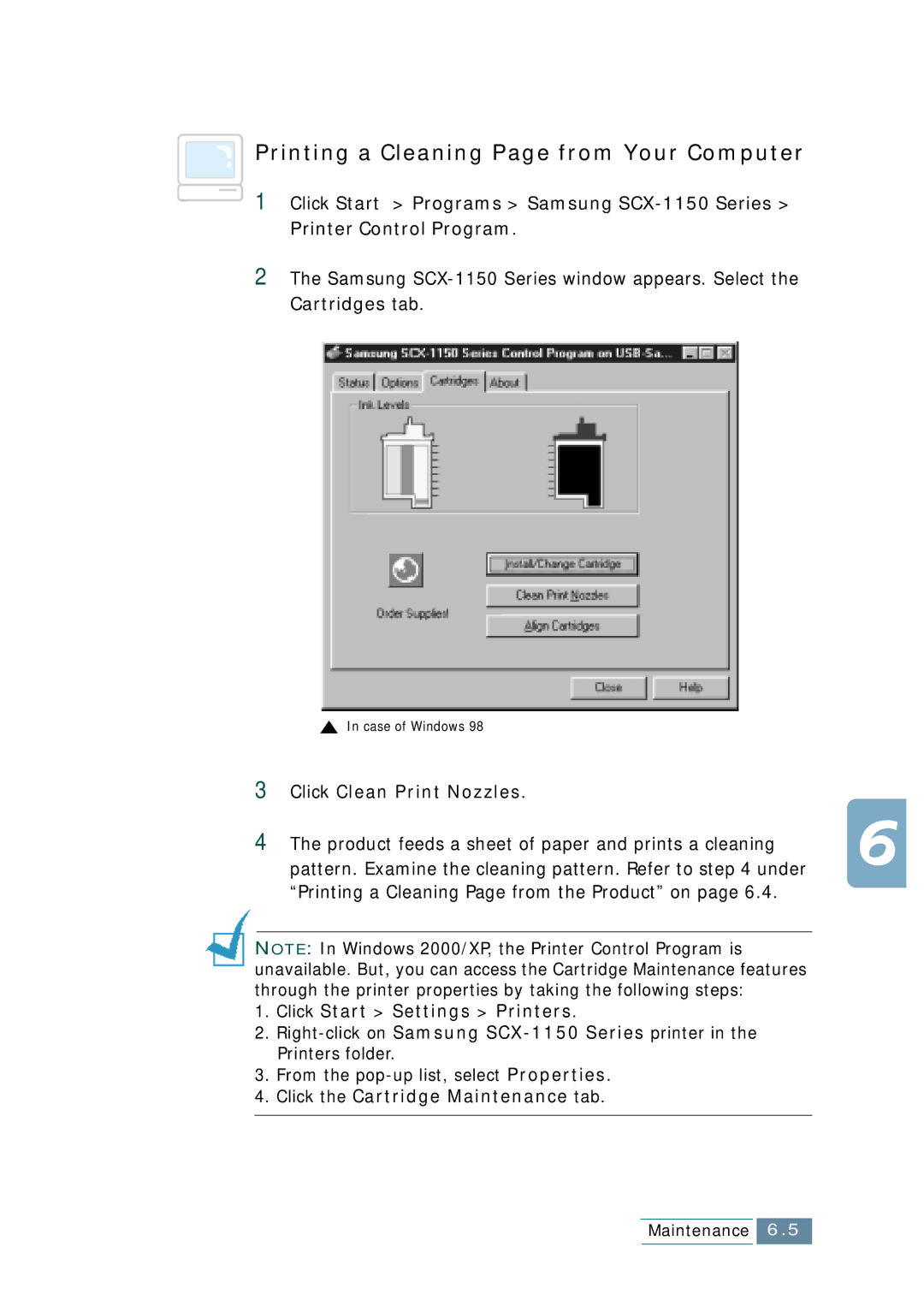 Samsung SCX-1150F manual Printing a Cleaning Page from Your Computer, Click Clean Print Nozzles 