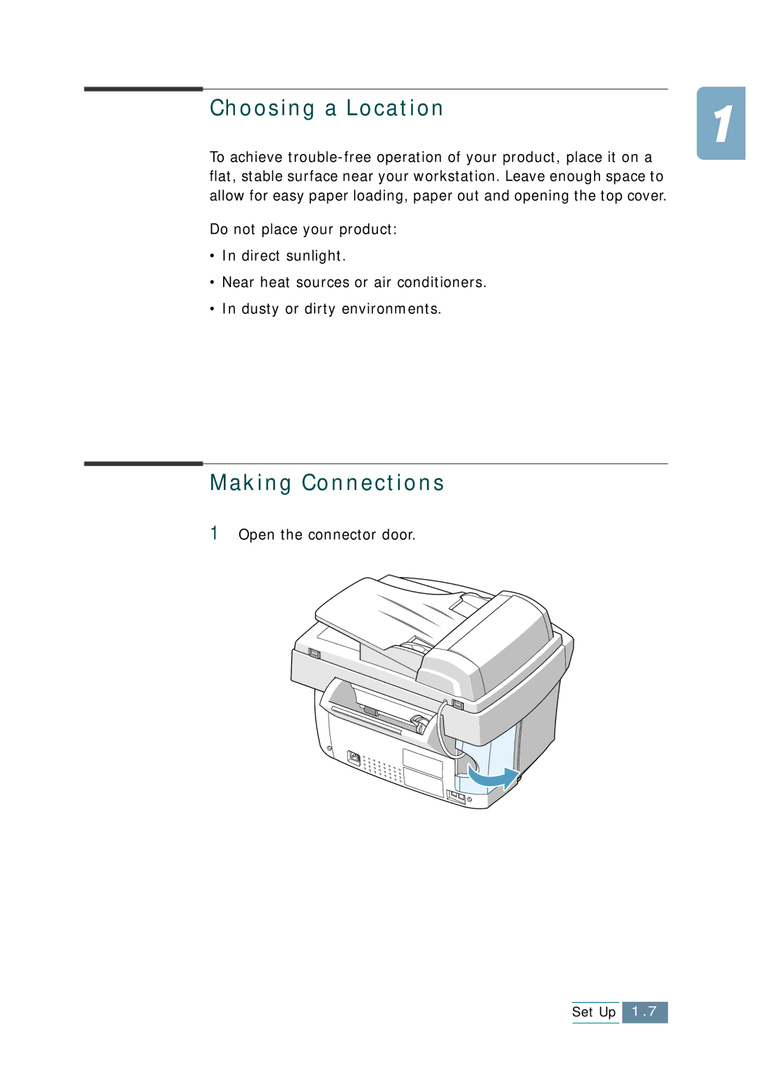 Samsung SCX-1150F manual Choosing a Location, Making Connections, Open the connector door 