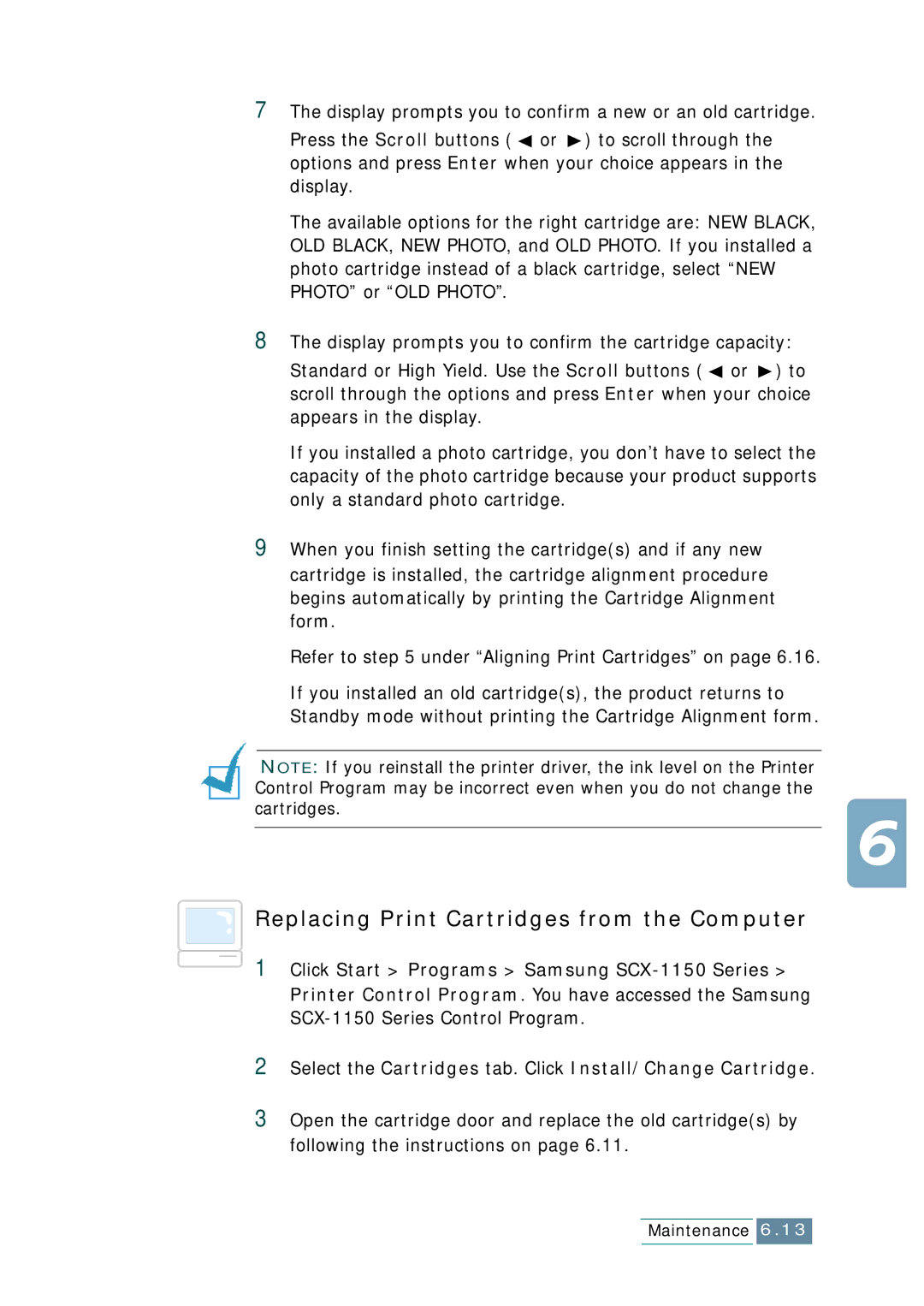 Samsung SCX-1150F manual Replacing Print Cartridges from the Computer 