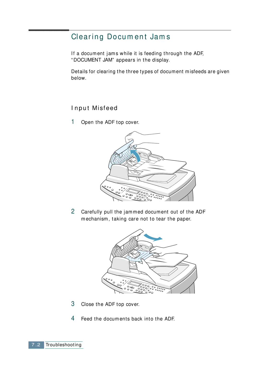 Samsung SCX-1150F manual Clearing Document Jams, Input Misfeed, Open the ADF top cover 